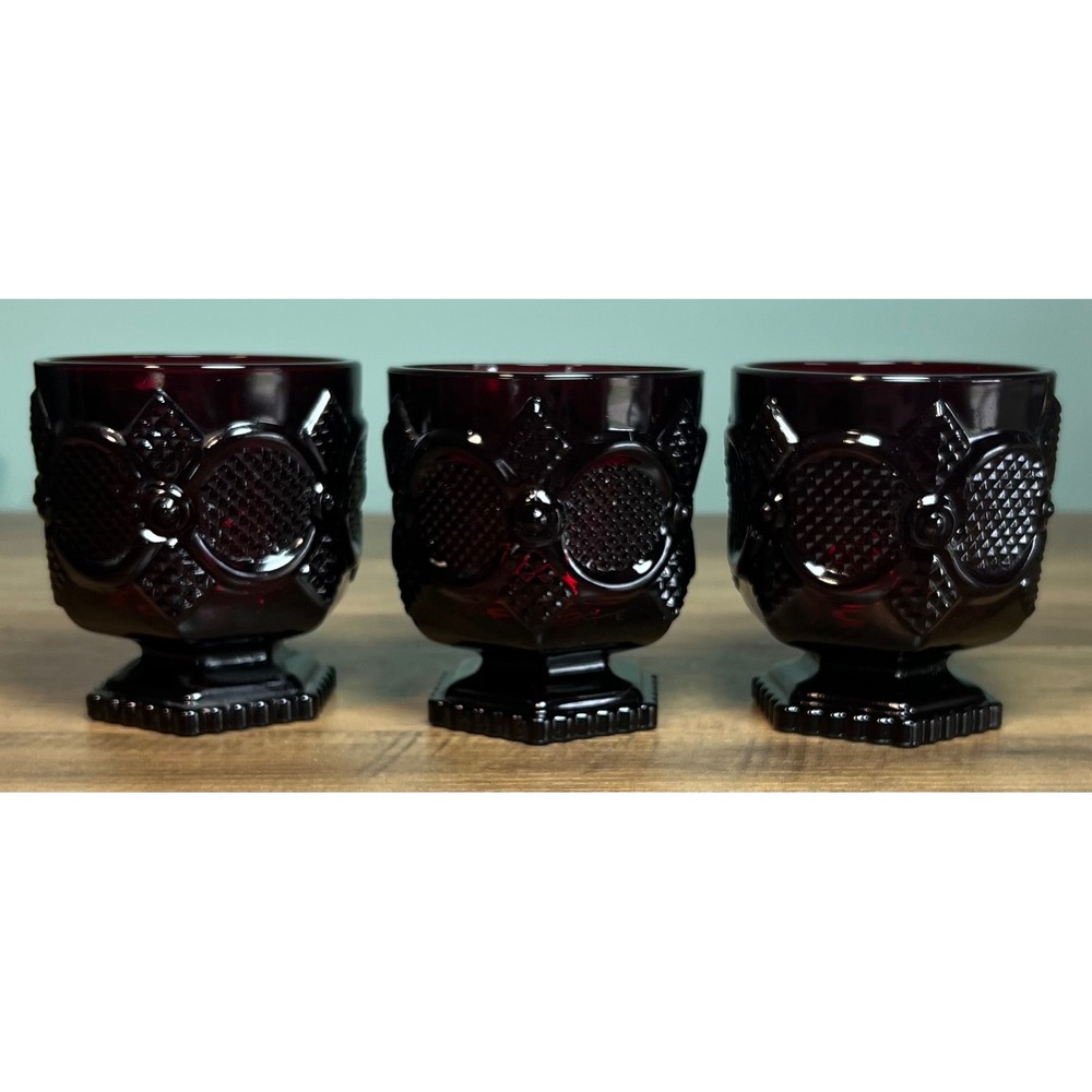 Avon 1876 Cape Cod Ruby Red Glass Footed Tumblers Set of 3 Vintage Drinkware
